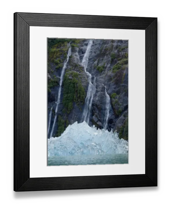 Framed Print : USA, Alaska, Tracy Arm - Fjords Terror Wilderness, Waterfall behind deep blue glacial