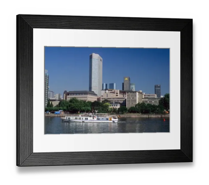 Framed Print : A boat travels on the Main River in Frankfurt, Germany. germany, german, europe