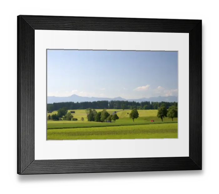 Framed Print : Austrian Alps and green fields near Weilheim in Sounthern Germany Framed Print : Austrian Alps and green fields near Weilheim in Sounthern Germany