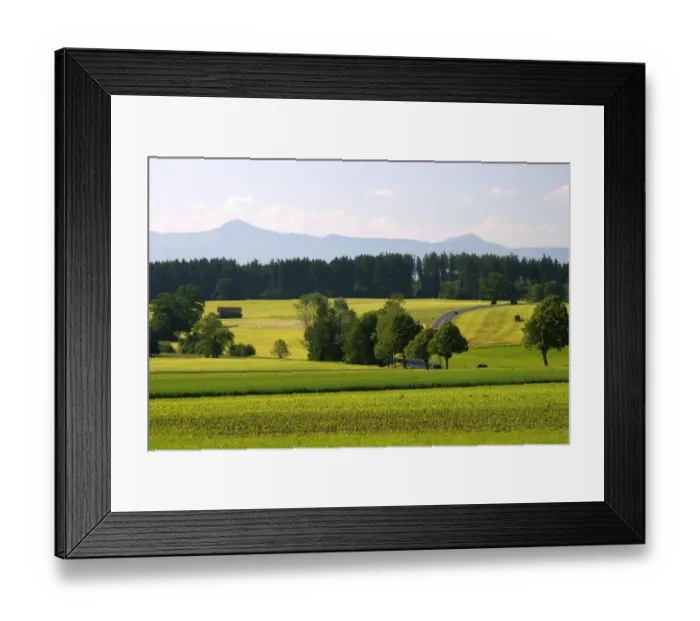 Framed Print : Austrian Alps and green fields near Weilheim in Sounthern Germany Framed Print : Austrian Alps and green fields near Weilheim in Sounthern Germany
