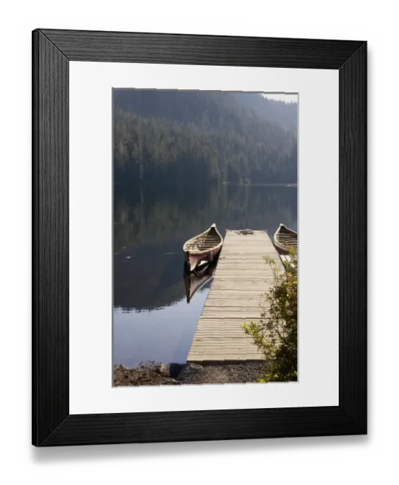 Framed Print : USA, Alaska, Ketchikan, Harriet Hunt Lake, Canoes tied up at dock for tours Framed Print : USA, Alaska, Ketchikan, Harriet Hunt Lake, Canoes tied up at dock for tours