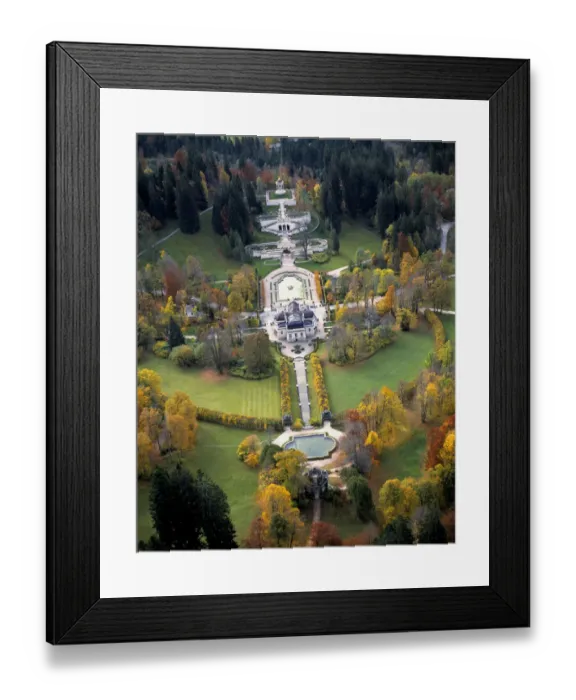 Framed Print : An aerial photograph shows the carefully groomed and decorated grounds of Linderhof Castle Framed Print : An aerial photograph shows the carefully groomed and decorated grounds of Linderhof Castle