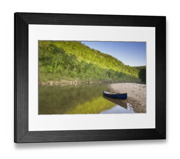 Framed Print : Canoe parked on a gravel bar, Mile 120 opposite the Tie Chute Bluff on the Buffalo River Framed Print : Canoe parked on a gravel bar, Mile 120 opposite the Tie Chute Bluff on the Buffalo River