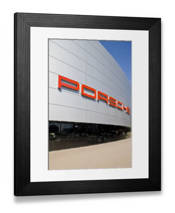 Framed Print : GERMANY, Baden-Wurttemberg, Stuttgart-Zuffenhausen. Porsche Car showroom by factory Framed Print : GERMANY, Baden-Wurttemberg, Stuttgart-Zuffenhausen. Porsche Car showroom by factory
