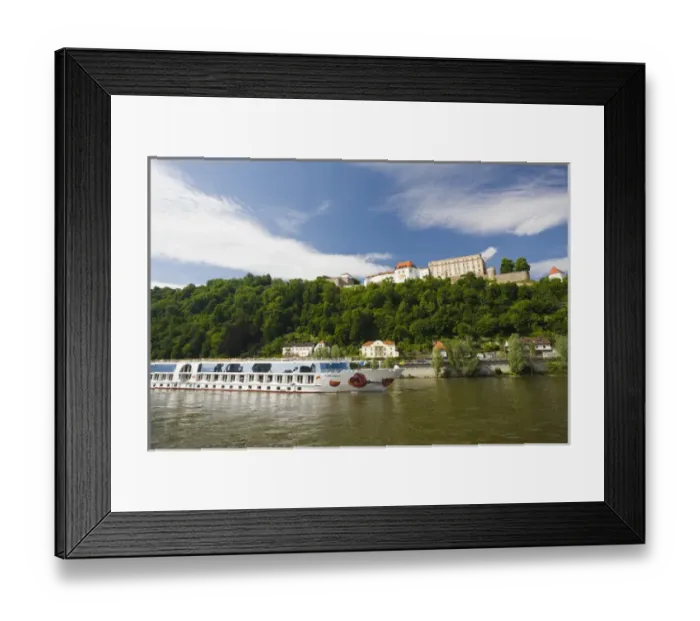 Framed Print : GERMANY, Bayern-Bavaria, Passau. Veste Oberhaus fortress and Danube River cruise ship