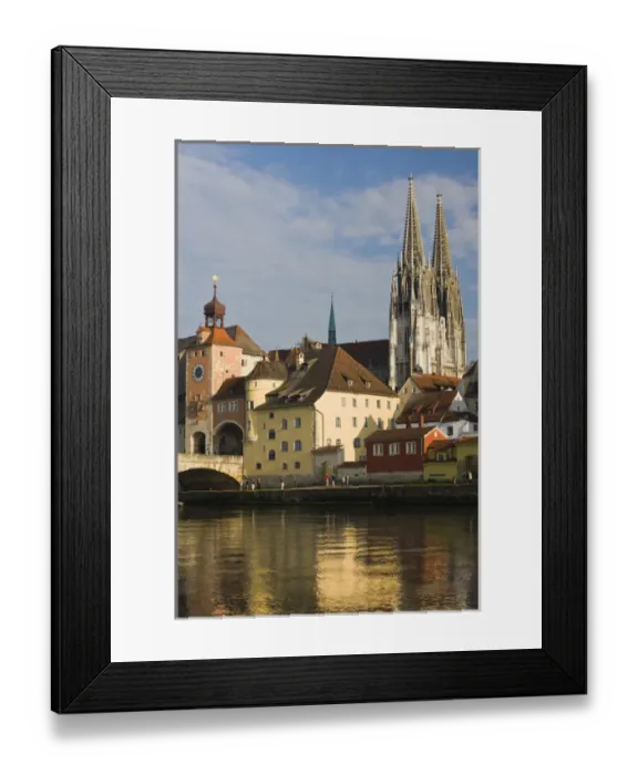 Framed Print : GERMANY, Bayern-Bavaria, Regensburg. View from Danube River and Steinerne Bridge