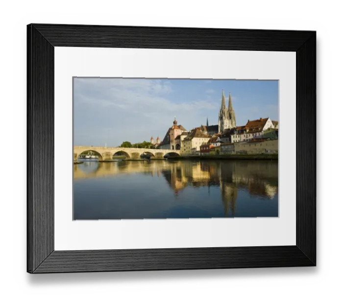 Framed Print : GERMANY, Bayern-Bavaria, Regensburg. View from Danube River and Steinerne Bridge