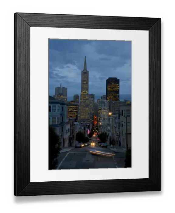 Framed Print : View of the TransAmerica Building from Montogomery Street just a dusk with the traffic Framed Print : View of the TransAmerica Building from Montogomery Street just a dusk with the traffic
