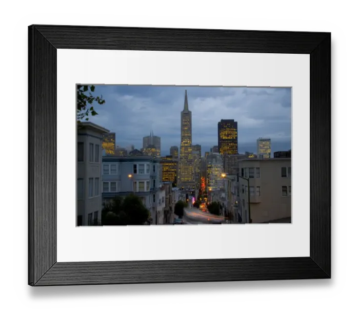 Framed Print : View of the TransAmerica Building from Montogomery Street just a dusk with the traffic Framed Print : View of the TransAmerica Building from Montogomery Street just a dusk with the traffic