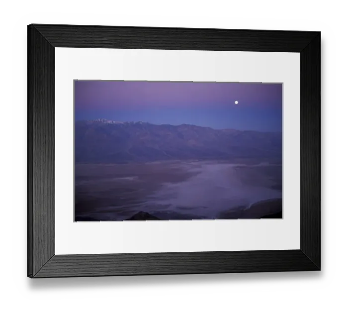 Framed Print : View of snow on Telescope Peak in Death Valley at sunrise with full moon descending Framed Print : View of snow on Telescope Peak in Death Valley at sunrise with full moon descending