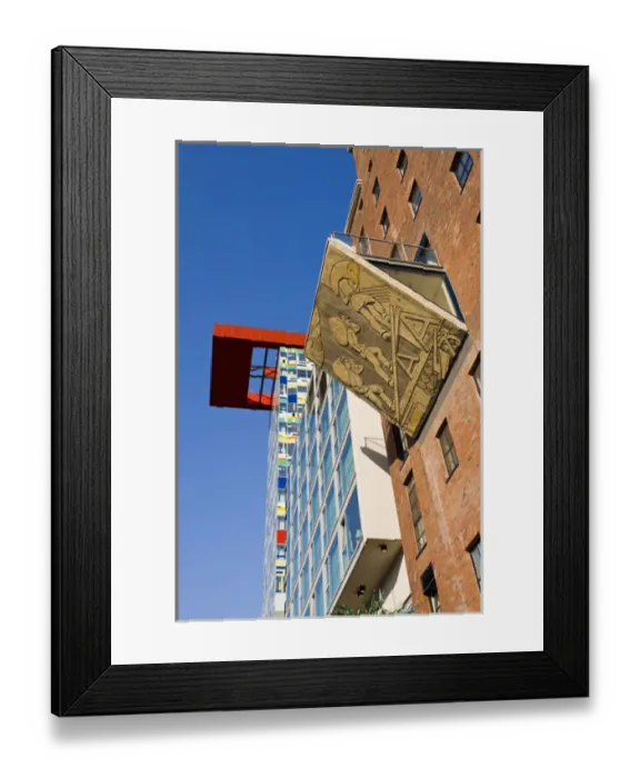 Framed Print : GERMANY, Nordrhein-Westfalen, Dusseldorf. Medienhafen, frieze of old port activity
