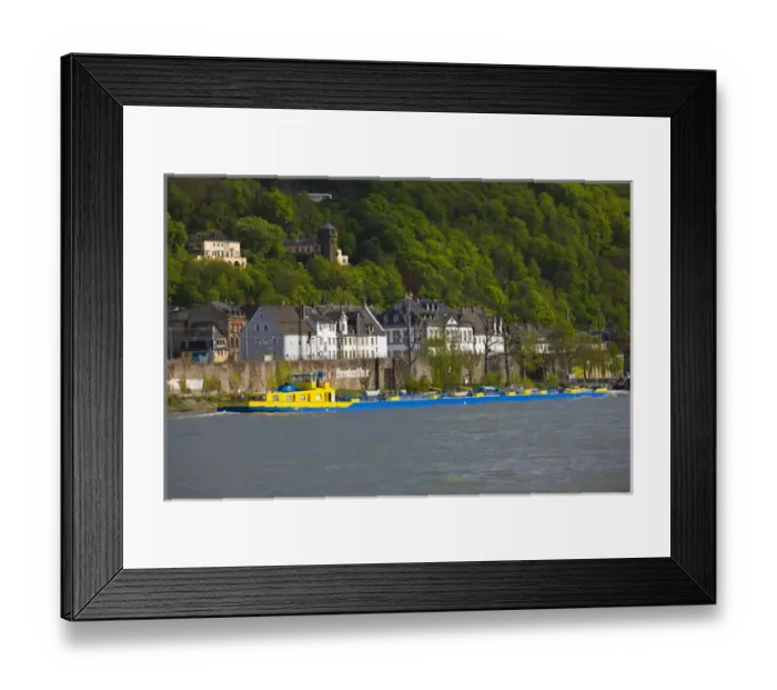 Framed Print : GERMANY, Rheinland-Pfaltz, Koblenz. Barge traffic on the Rhein River by Ehrenbreitstein