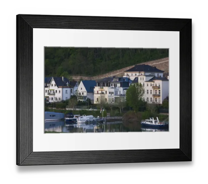 Framed Print : GERMANY, Rheinland-Pfaltz, Koblenz. Ehrenbreitstein village boat harbor, dusk