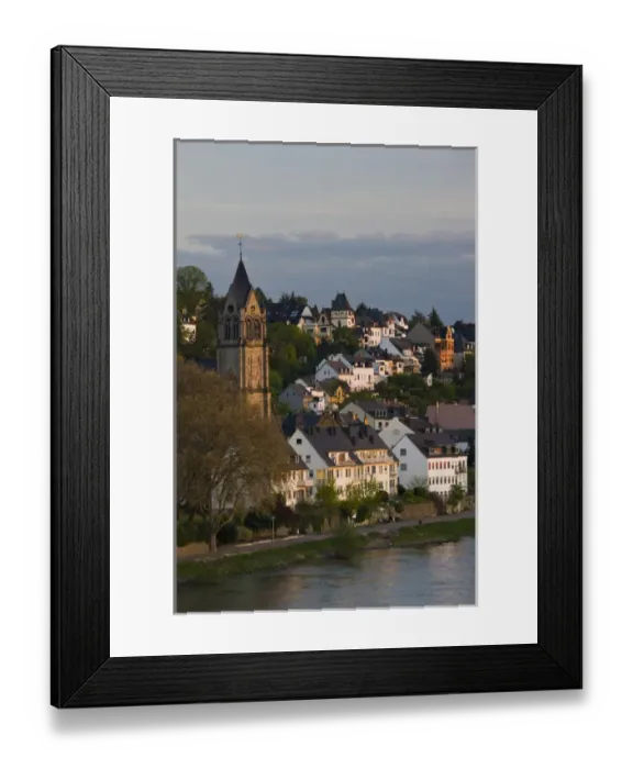 Framed Print : GERMANY, Rheinland-Pfaltz, Koblenz. Village of Pfaffendorf on Rhein River, dusk