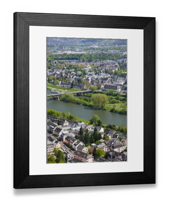 Framed Print : GERMANY, Rheinland-Pfaltz, Mosel River Valley, Trier. High angle view of town along Framed Print : GERMANY, Rheinland-Pfaltz, Mosel River Valley, Trier. High angle view of town along