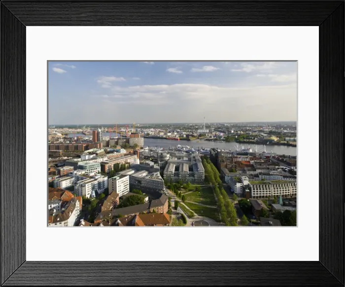 Framed Print : GERMANY, State of Hamburg, Hamburg. Harbor view from St. Michaeliskirche church tower