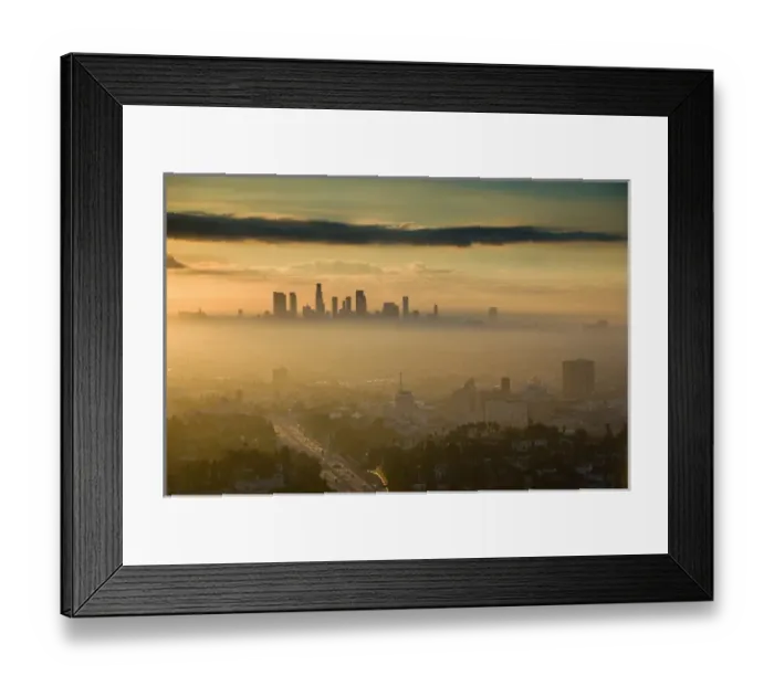 Framed Print : USA-California-Los Angeles-Downtown: Dawn View of Dowtown LA & Rt. 101 from Hollywood