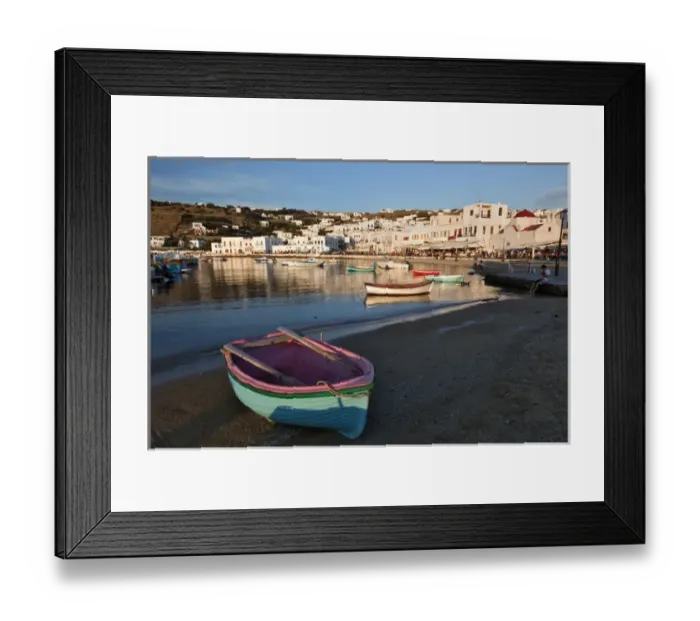Framed Print : Boats in harbor, Chora, Mykonos, Greece