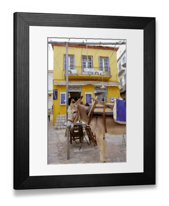 Framed Print : Europe, Greece, Hydra. Donkey in front of yellow building Framed Print : Europe, Greece, Hydra. Donkey in front of yellow building