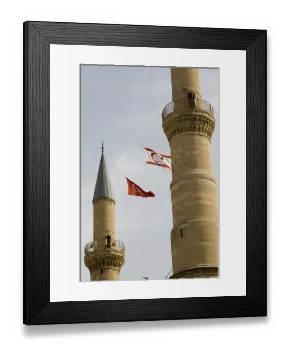 Framed Print : Cyprus, Lefkosa (Nicosia north), minarets and Turkish flag of Selimiye mosque, former Framed Print : Cyprus, Lefkosa (Nicosia north), minarets and Turkish flag of Selimiye mosque, former