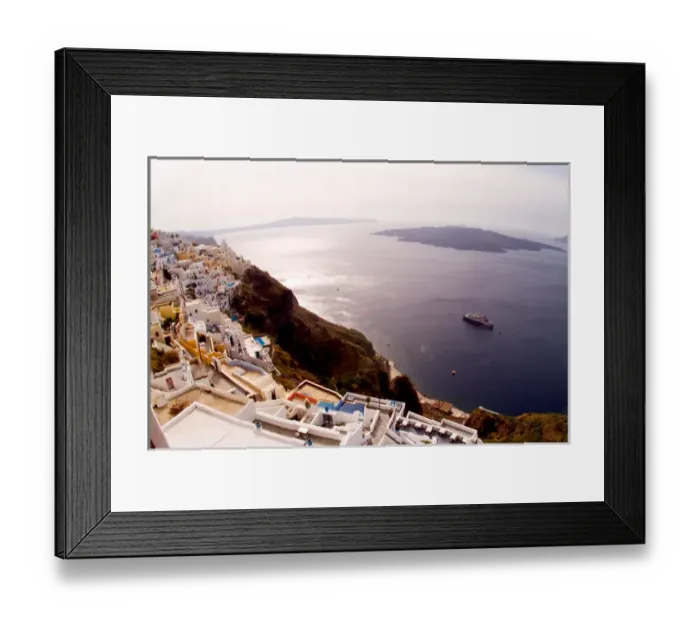 Framed Print : Aerial View of Beautiful Fira and Cruise Ship in Santorini Greece
