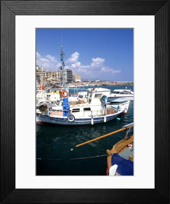 Framed Print : Crete port fishing boats in Heraklion Greece