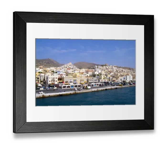 Framed Print : Beautiful Greek island of Siros Greece taken from ferry on water Framed Print : Beautiful Greek island of Siros Greece taken from ferry on water