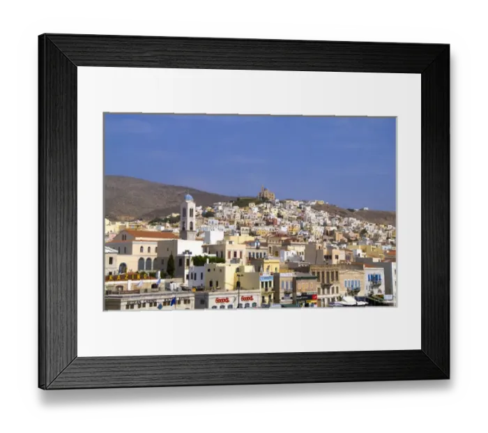Framed Print : Beautiful Greek island of Siros Greece taken from ferry on water Framed Print : Beautiful Greek island of Siros Greece taken from ferry on water