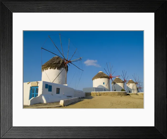 Framed Print : Beautiful scenic color of white famous windmills on beach of beautiful island of