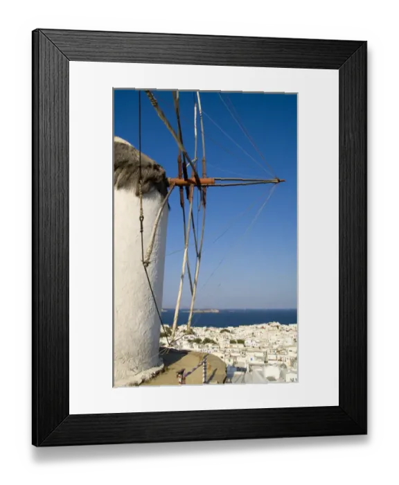 Framed Print : Beautiful island of Mykonos Greece central city from above with old windmill Framed Print : Beautiful island of Mykonos Greece central city from above with old windmill