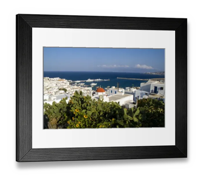 Framed Print : Beautiful island of Mykonos Greece central city from above with white buildings
