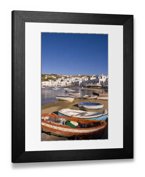 Framed Print : The harbor town with colorful fishing boats moored at the small harbor, Mykonos