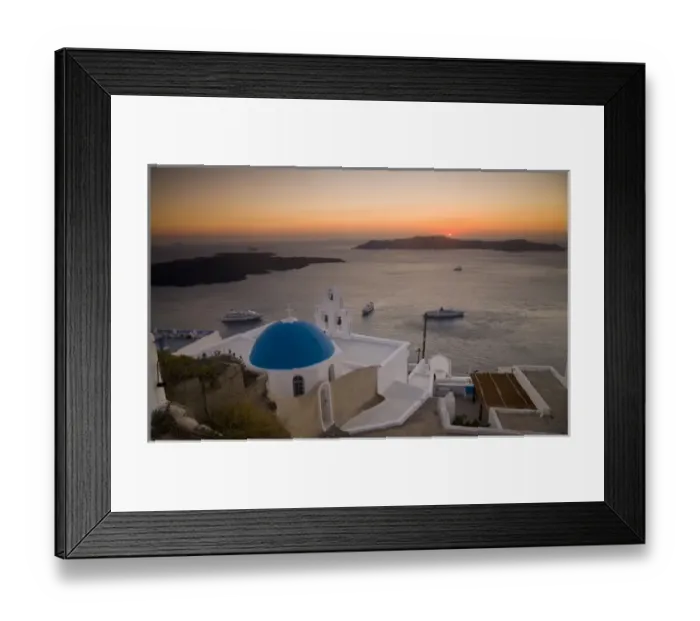 Framed Print : Greece and Greek Island of Santorini town of Fira with Blue Domed Church and Bell