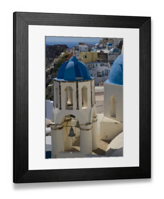 Framed Print : Greece and Greek Island of Santorini town of Oia with Blue Domed Churches with white Framed Print : Greece and Greek Island of Santorini town of Oia with Blue Domed Churches with white