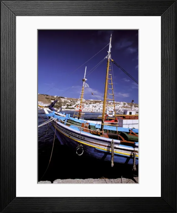 Framed Print : Europe, Greece, Mykonos. Boat in natural harbor