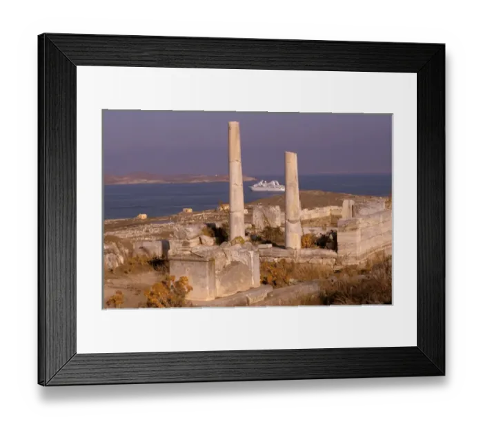 Framed Print : Europe, Greece, Delos. Temple ruins and cruise ship Framed Print : Europe, Greece, Delos. Temple ruins and cruise ship