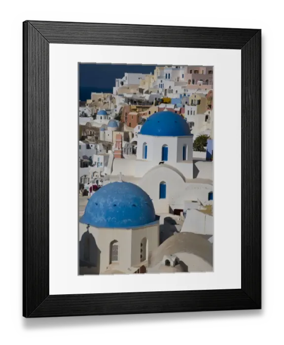 Framed Print : Greece and Greek Island of Santorini town of Oia with Blue Domed Churches with white Framed Print : Greece and Greek Island of Santorini town of Oia with Blue Domed Churches with white