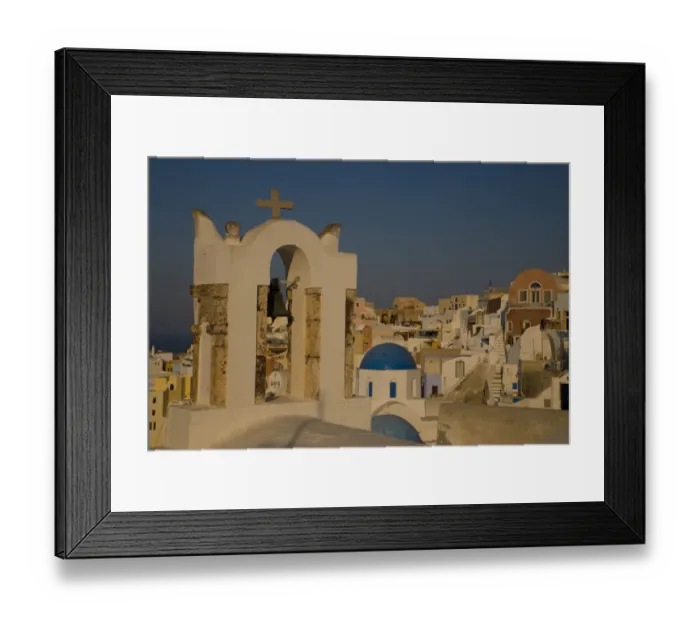 Framed Print : Greece and Greek Island of Santorini town of Oia with bell tower over looking Framed Print : Greece and Greek Island of Santorini town of Oia with bell tower over looking