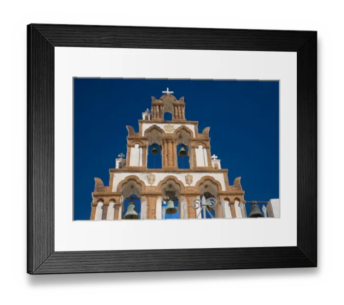 Framed Print : Greece and Greek Island of Santorini town of Oia with bell tower over looking Framed Print : Greece and Greek Island of Santorini town of Oia with bell tower over looking