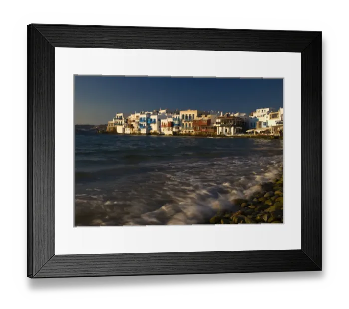 Framed Print : Greece and Greek Island of Mykonos and the harbor town of Hora along the shoreline