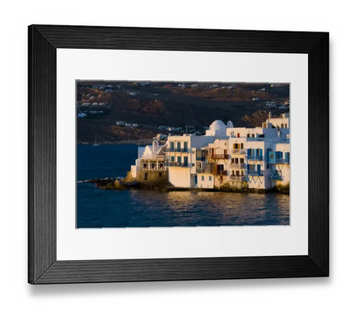 Framed Print : Greece and Greek Island of Mykonos and the harbor town of Hora along the shoreline