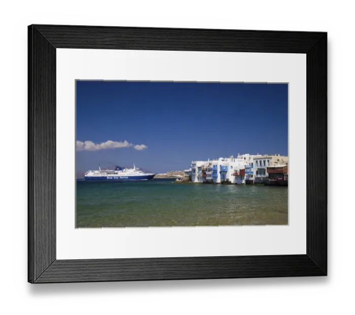 Framed Print : Greece and Greek Island of Mykonos and the harbor town of Hora Ferry coming into