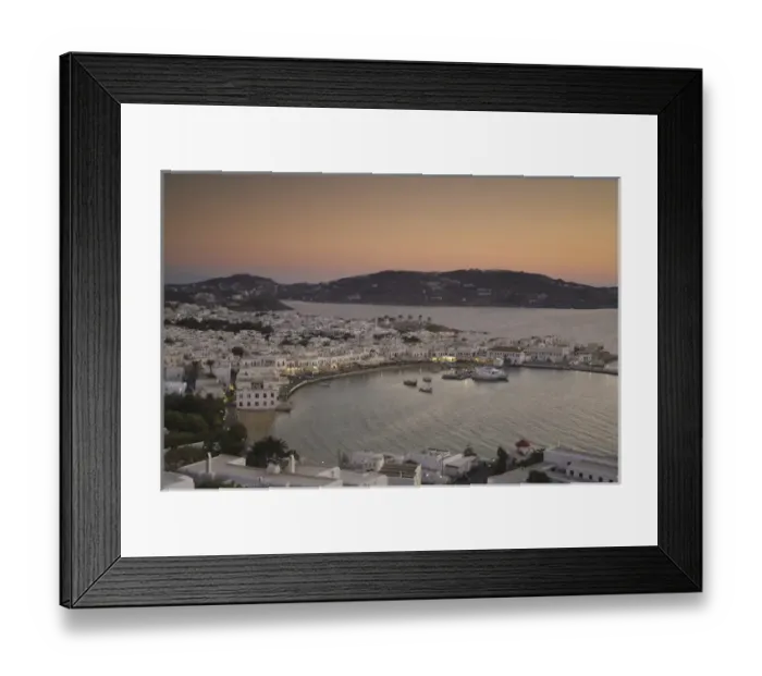 Framed Print : Greece and Greek Island of Mykonos and the harbor town of Hora just after sunset