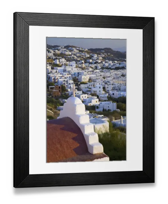 Framed Print : Greece and Greek Island of Mykonos and the harbor town of Hora and small red roofed