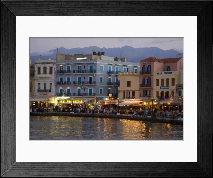Framed Print : Greek Island of Crete and old town of Chania evening light along the old harbor Framed Print : Greek Island of Crete and old town of Chania evening light along the old harbor