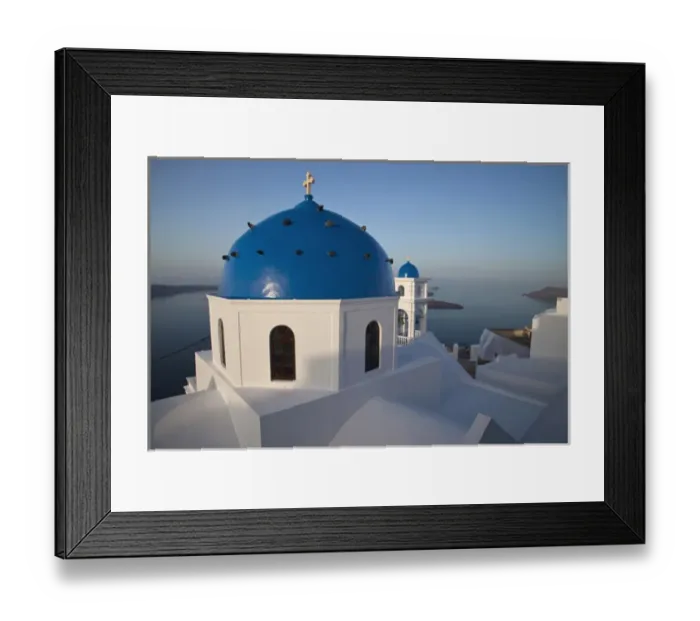 Framed Print : Europe, Greece, Greek Island, Santorini, Blue Domed Church at the high point of Santorini