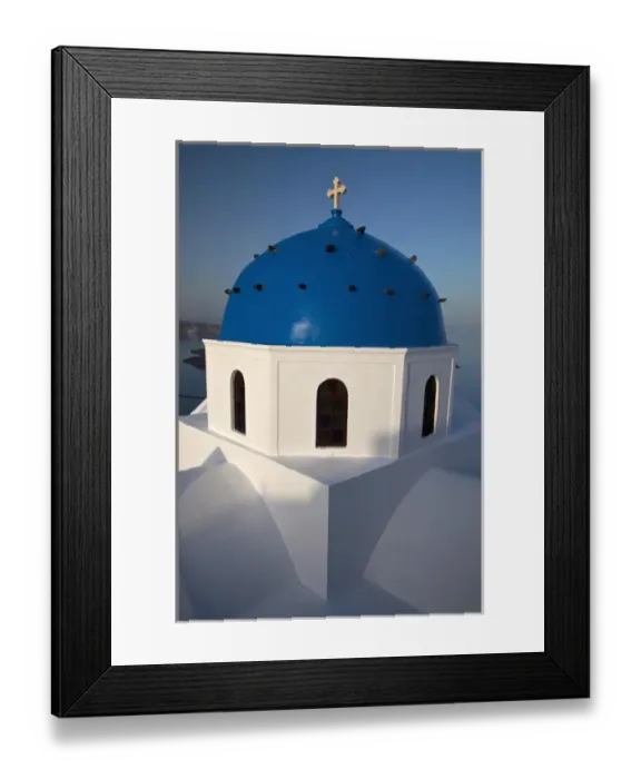 Framed Print : Europe, Greece, Greek Island, Santorini, Blue Domed Church at the high point of Santorini