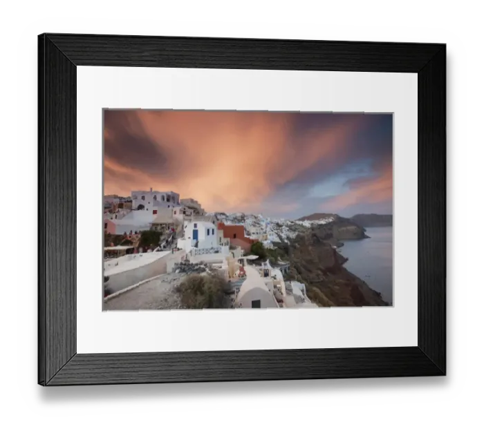 Framed Print : Europe, Greece, Greek Island, Santorini, Oia, Sunset with colorful lite clouds over