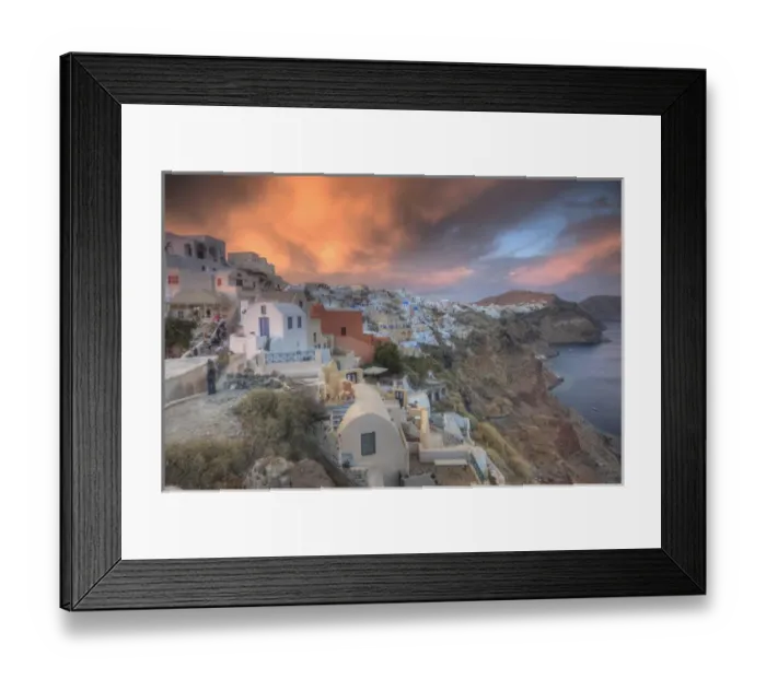 Framed Print : Europe, Greece, Greek Island, Santorini, Oia, Sunset with colorful lite clouds over