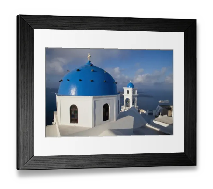 Framed Print : Europe, Greece, Greek Island, Santorini, Blue Domed Church at the high point of Santorini Framed Print : Europe, Greece, Greek Island, Santorini, Blue Domed Church at the high point of Santorini
